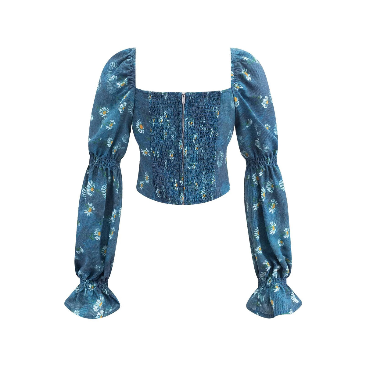 Women's Early Spring Holiday Casual Blue Background Printed Drawstring Tied Long Sleeves Short Shirt