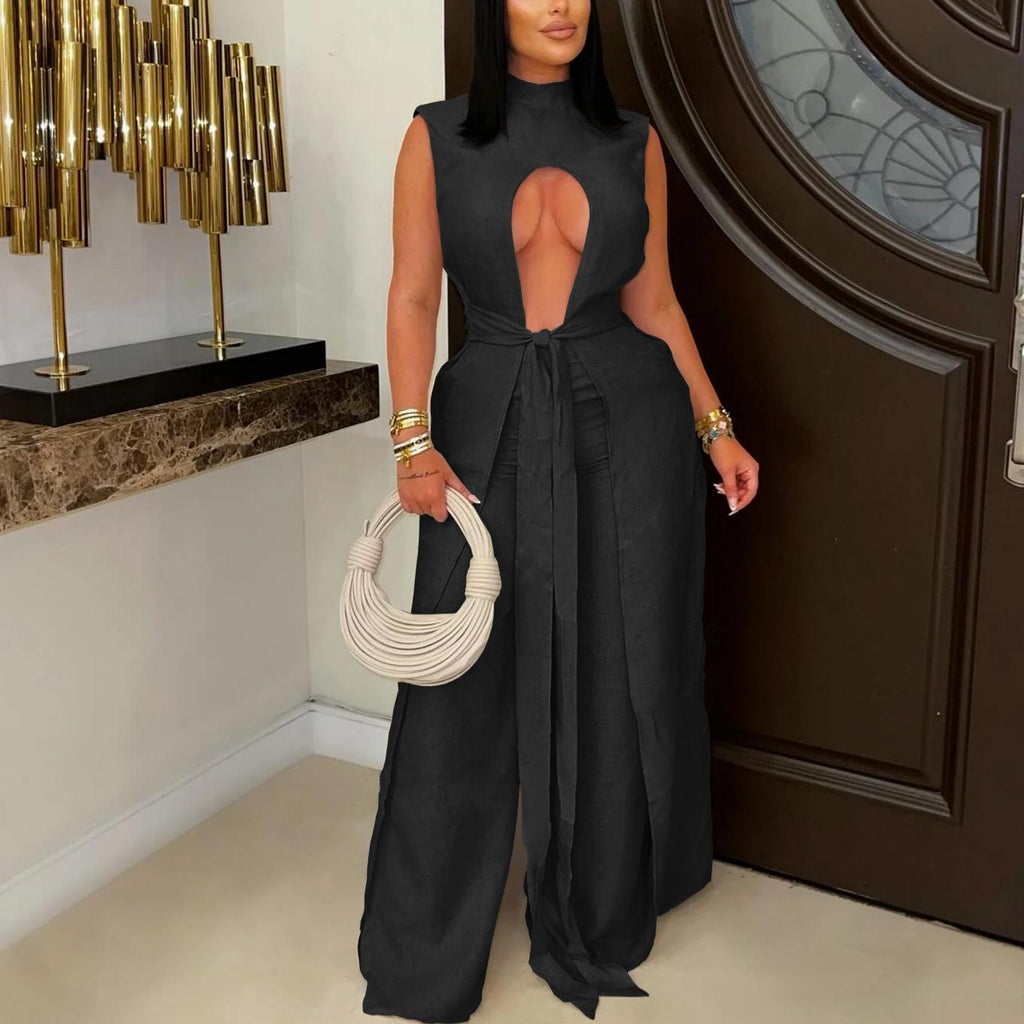 Women Wear Sexy Solid Color Lace up Sleeveless Trousers Set