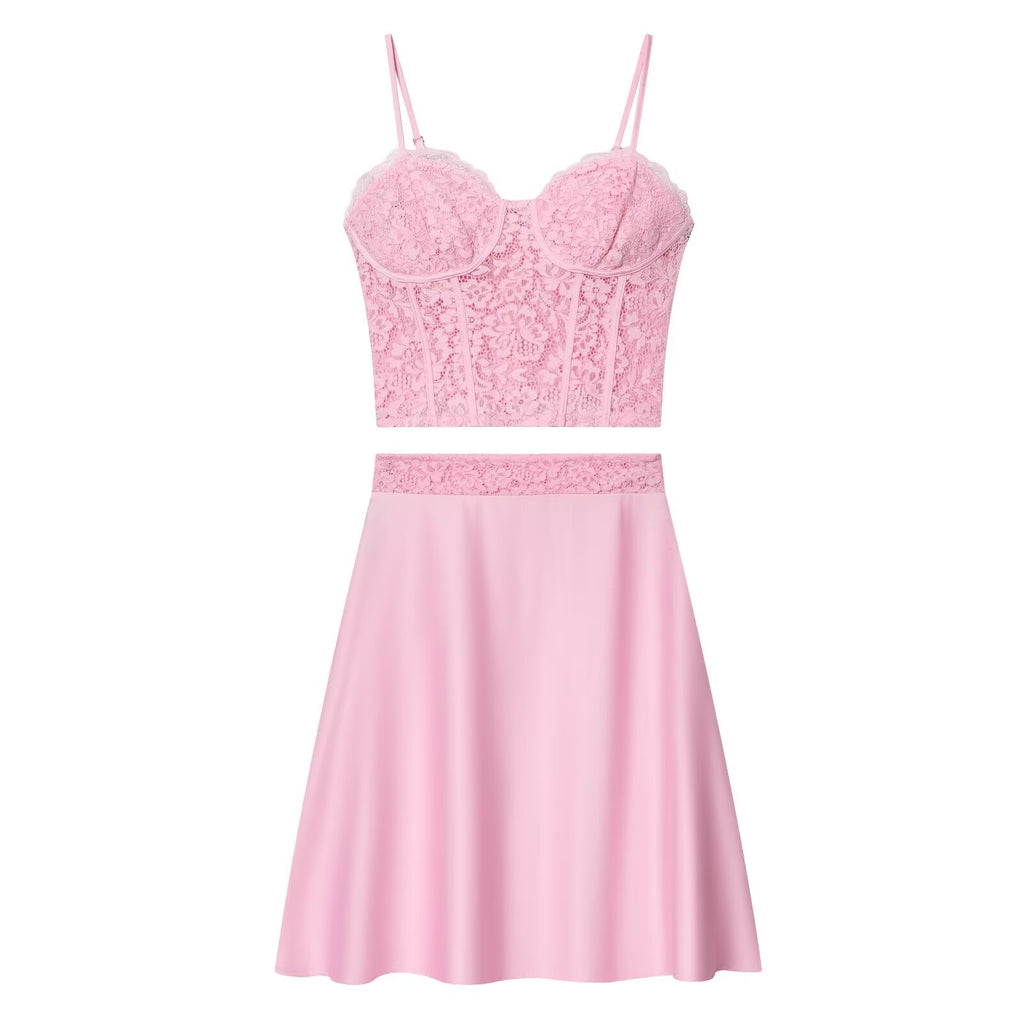 Pink Sexy Sexy Lace Sling Vest Lace Stitching Pink Skirt Sets
