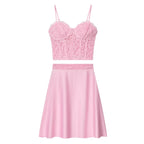 Pink Sexy Sexy Lace Sling Vest Lace Stitching Pink Skirt Sets