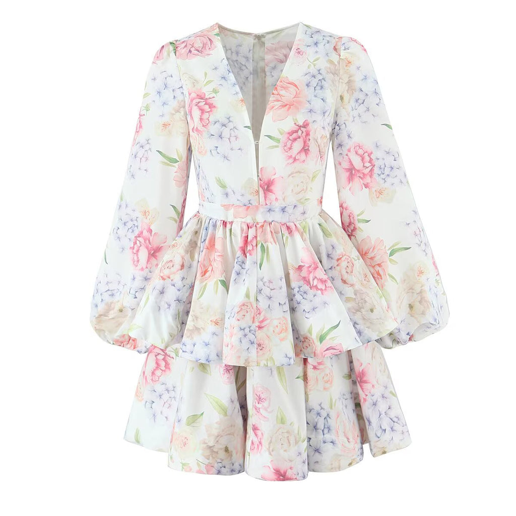 French Hydrangea Deep-V Tulle Dress