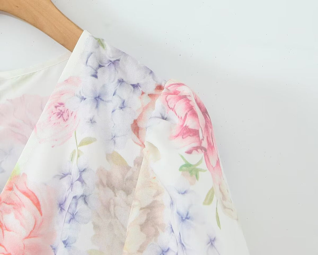 French Hydrangea Deep-V Tulle Dress