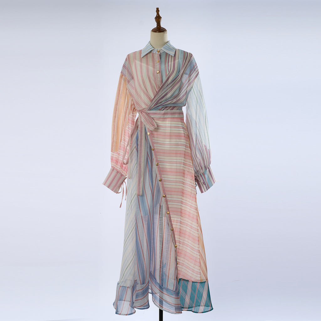 Silk And Linen Striped Patchwork V-Neck Lantern Sleeve Holiday Dress