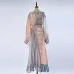 Silk And Linen Striped Patchwork V-Neck Lantern Sleeve Holiday Dress