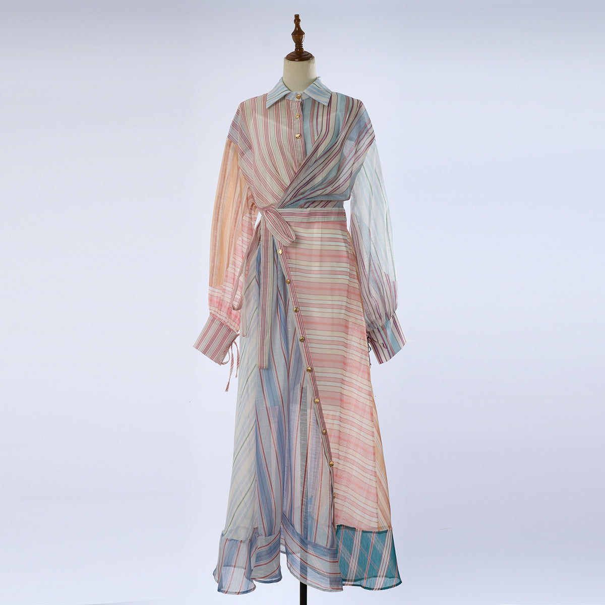 Silk And Linen Striped Patchwork V-Neck Lantern Sleeve Holiday Dress