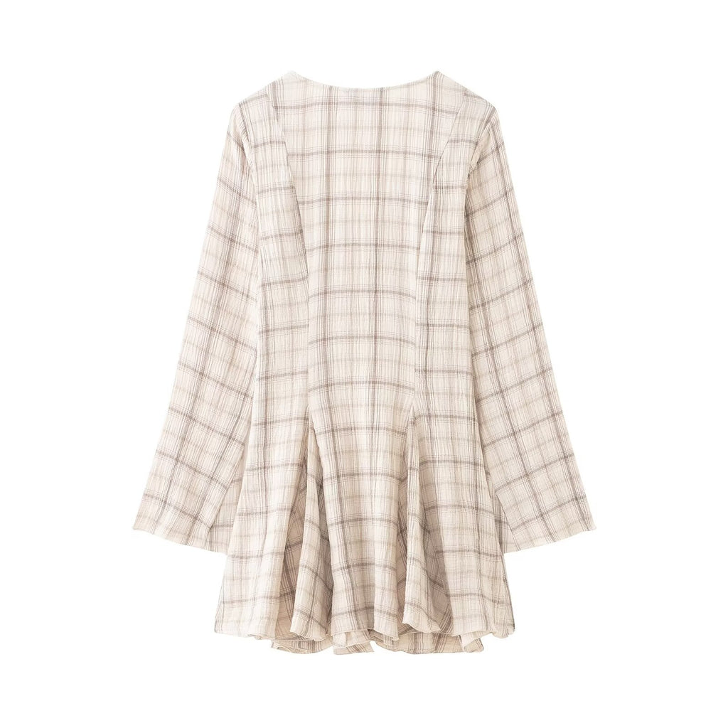 Women's Western Long Sleeve V Neck Plaid Short Dress