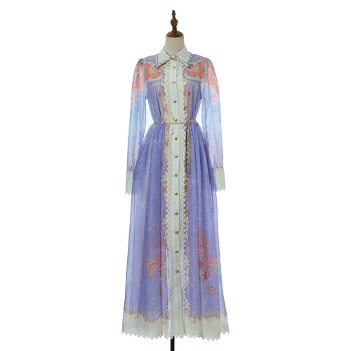 Women Long Sleeved Lace Trimmed Patchwork Printed Maxi Dress With A Lapel And A Flared Dress