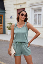 Spring Summer Sleeveless Eyelet Solid Color Casual Pants Two Piece Sets Women Clothing