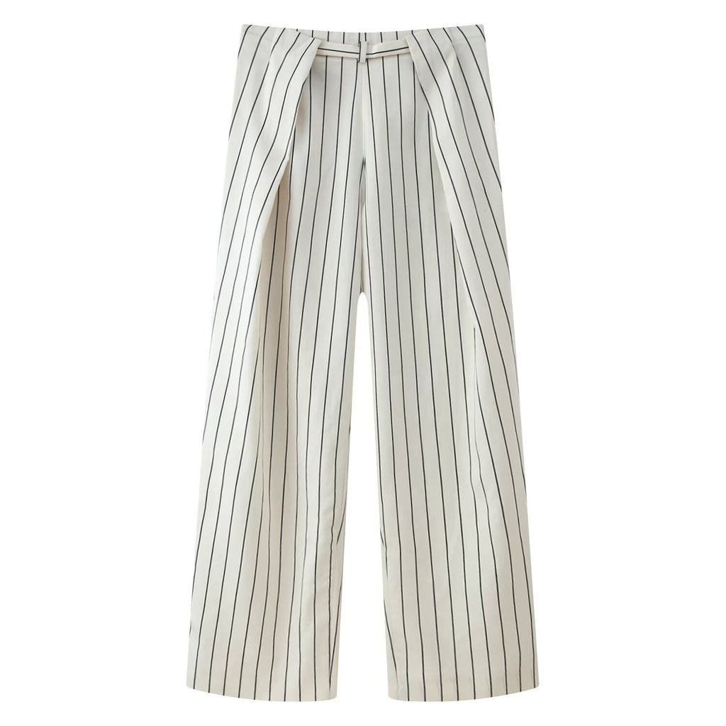 Spring Striped Fluffy Sleeve Shirt Pleated Pants Sets