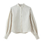 Spring Striped Fluffy Sleeve Shirt Pleated Pants Sets