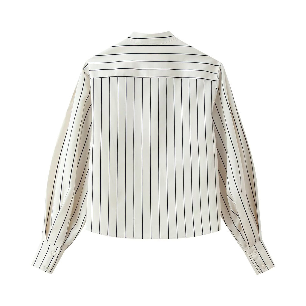Spring Striped Fluffy Sleeve Shirt Pleated Pants Sets