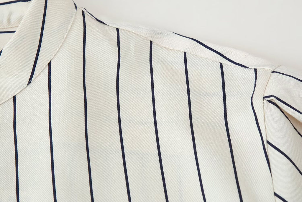 Spring Striped Fluffy Sleeve Shirt Pleated Pants Sets