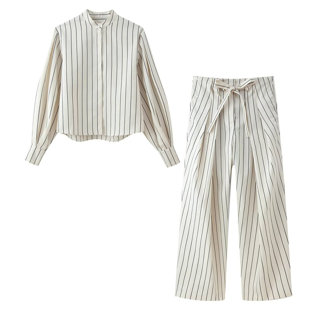 Spring Striped Fluffy Sleeve Shirt Pleated Pants Sets