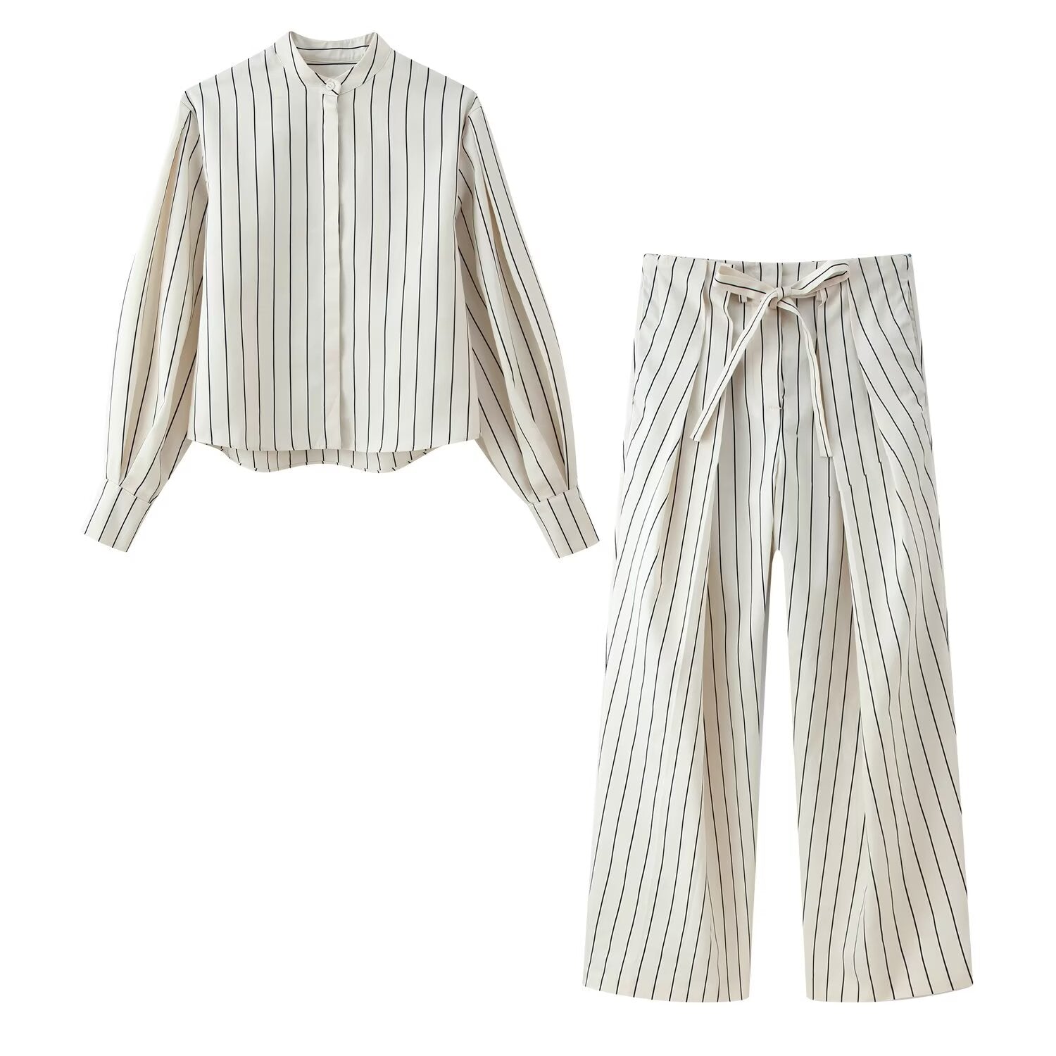 Spring Striped Fluffy Sleeve Shirt Pleated Pants Sets