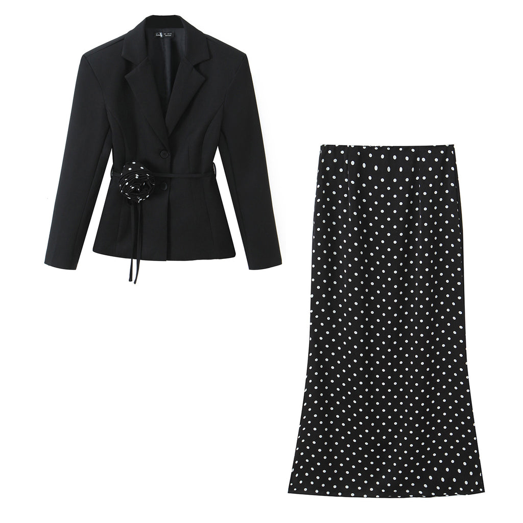 Women Clothing Spring Autumn French Tight Polka Dot Mid Length Skirt Two Piece Sets Women