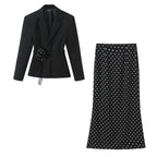 Women Clothing Spring Autumn French Tight Polka Dot Mid Length Skirt Two Piece Sets Women