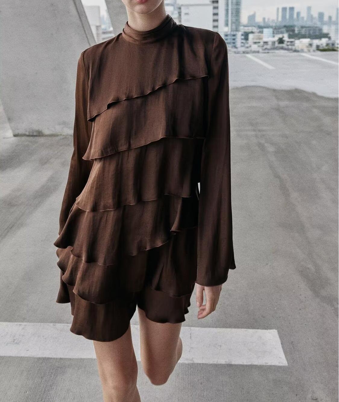 Women's Stand-Collar Asymmetric Ruffle Mini Dress