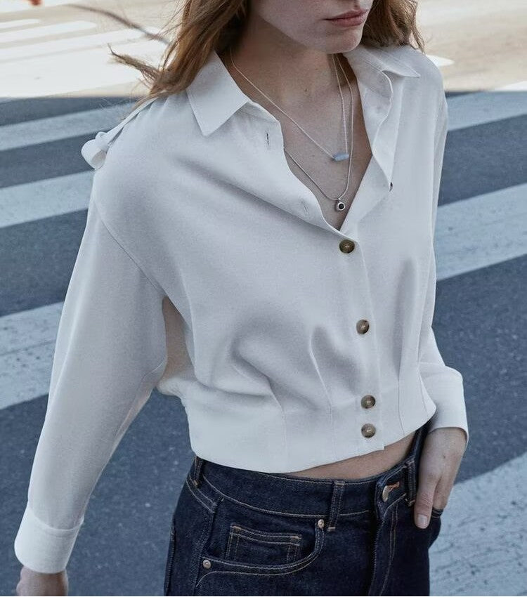 Women's Pleated Collared Short Sleeve Shirt