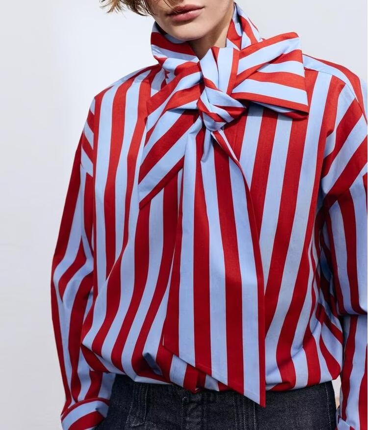 Women's Striped Color-Block Bow Shirt