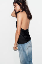 Women's Satin Texture Hanging Collar Top
