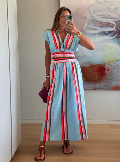 Summer Striped Printed Casual V neck Skirt Waist Tight Two Piece Sets