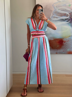 Summer Striped Printed Casual V neck Skirt Waist Tight Two Piece Sets