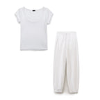 Summer Women Casual round Neck Rib T shirt Heavy Cotton Jogger Pants