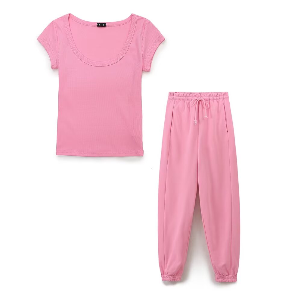 Summer Women Casual round Neck Rib T shirt Heavy Cotton Jogger Pants