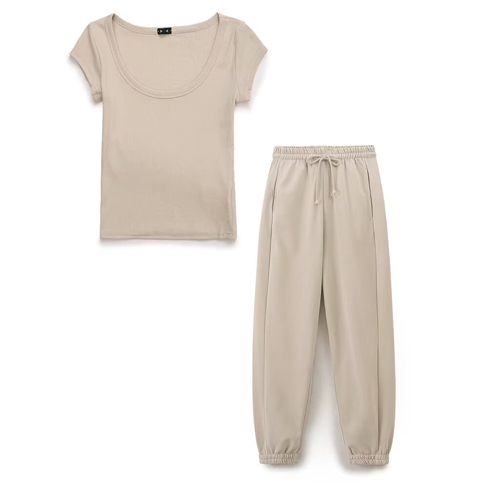 Summer Women Casual round Neck Rib T shirt Heavy Cotton Jogger Pants