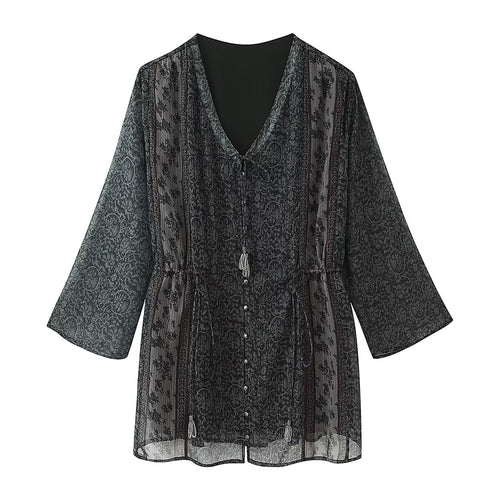 Women Clothing Summer Loose Gold Thread Printed Waist Controlled Dress
