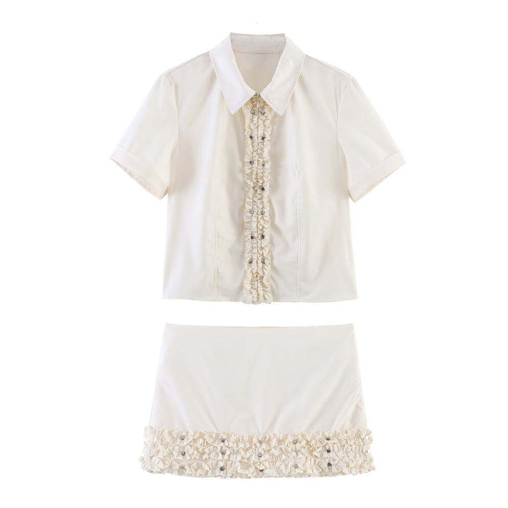 Spring Women Rivet Laminated Decoration Shirt Skirt Sets