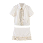 Spring Women Rivet Laminated Decoration Shirt Skirt Sets