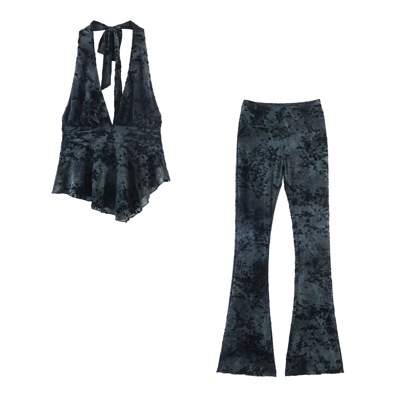 Spring Silk Net Halter Top Bell Bottom Pants Sets
