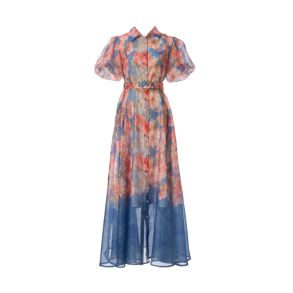 Women's Summer Floral Short Sleeved Waist Long Dress