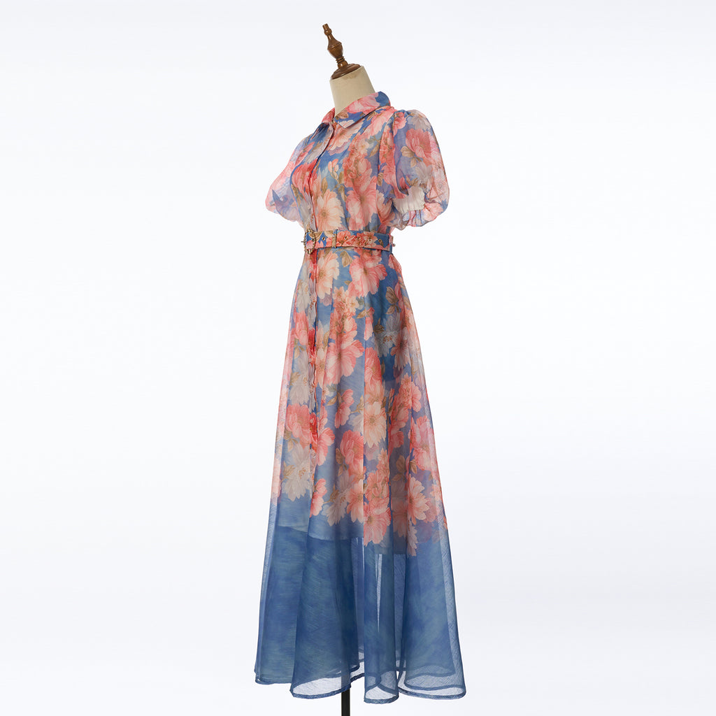 Women's Summer Floral Short Sleeved Waist Long Dress