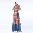 Women's Summer Floral Short Sleeved Waist Long Dress