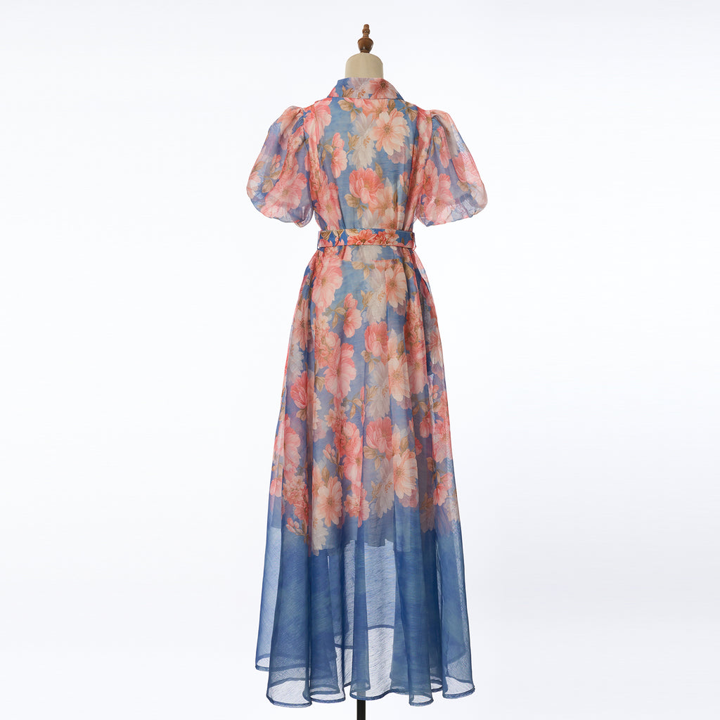 Women's Summer Floral Short Sleeved Waist Long Dress