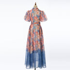 Women's Summer Floral Short Sleeved Waist Long Dress