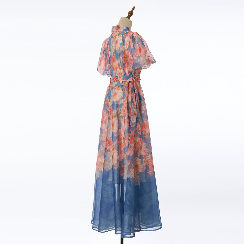 Women's Summer Floral Short Sleeved Waist Long Dress