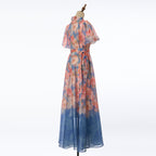 Women's Summer Floral Short Sleeved Waist Long Dress