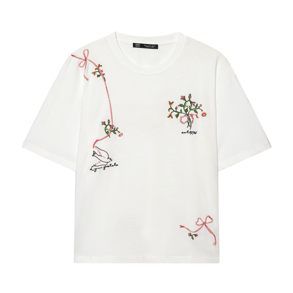 Women's Clothing Fashionable Casual Embroidered Floral T Shirt