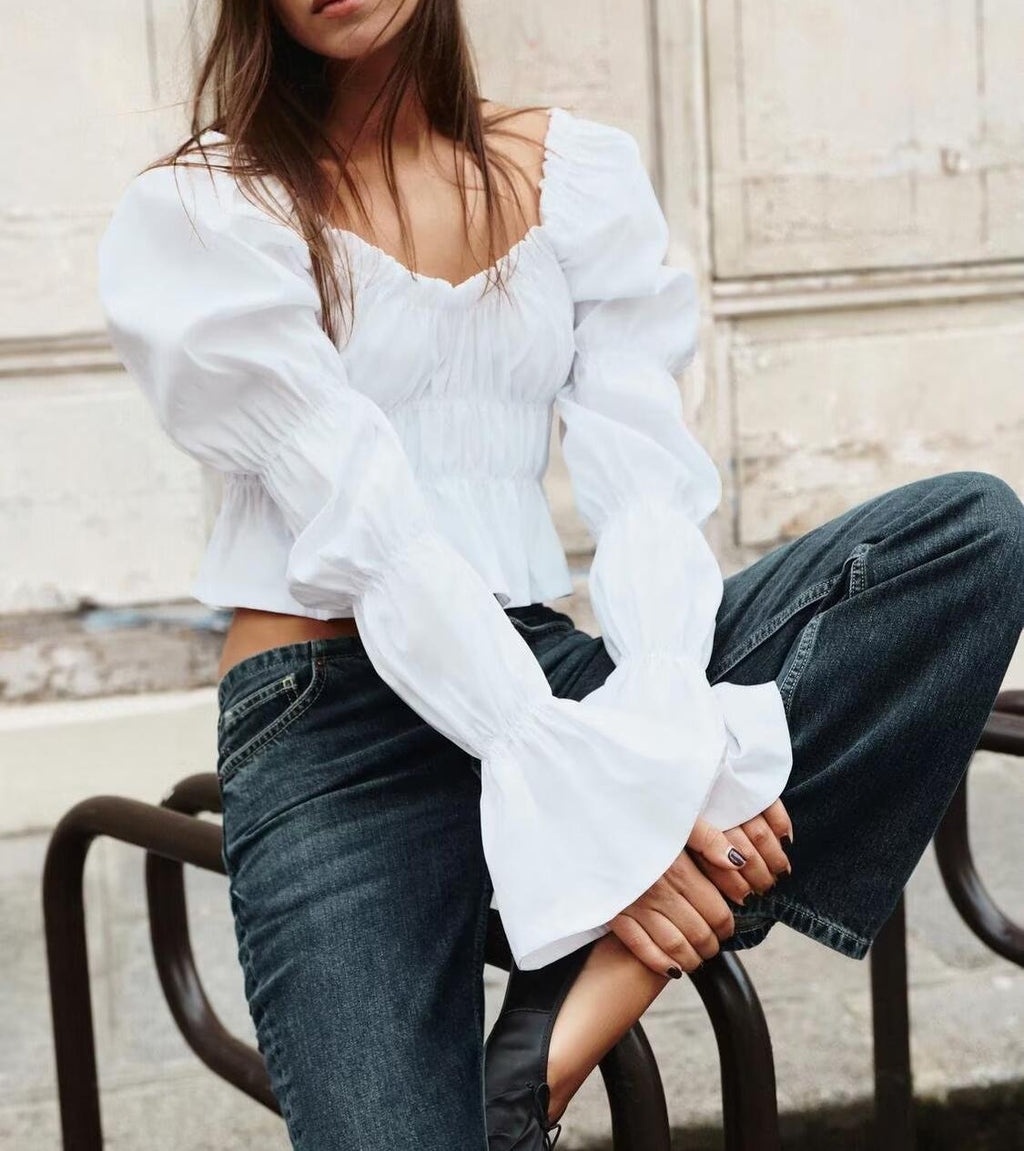 Women's Spring Pleated Puff Sleeve Slim Shirt Top