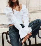 Women's Spring Pleated Puff Sleeve Slim Shirt Top