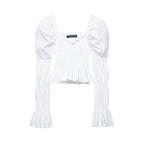 Women's Spring Pleated Puff Sleeve Slim Shirt Top