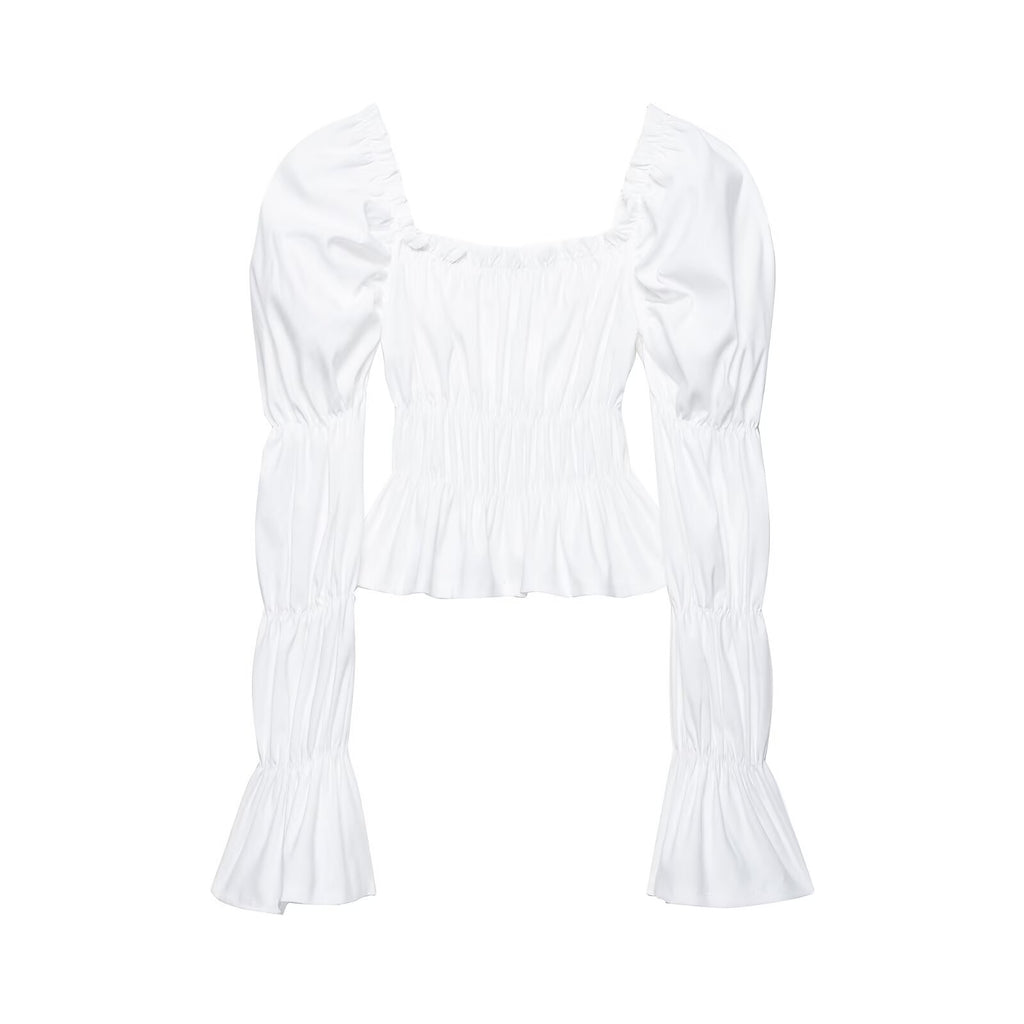 Women's Spring Pleated Puff Sleeve Slim Shirt Top