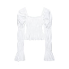 Women's Spring Pleated Puff Sleeve Slim Shirt Top