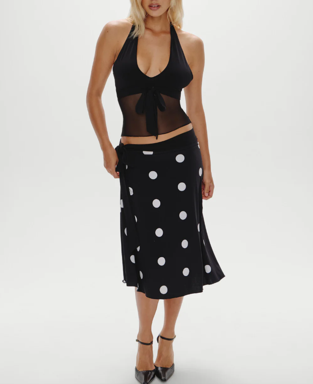 Women Clothing Sexy Sexy Halterneck Vest Top Drawstring Polka Dot Skirt Two Piece Sets