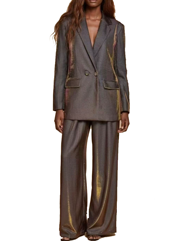 Spring Women Casual Loose Collared Long Sleeves Padded Shoulder Decorative Metal Gradient Color Straight Blazers Two Piece Sets
