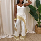 Spaghetti Strap Camisole Top Wear Loose Wide Pants Tassel Two Piece Women Clothing