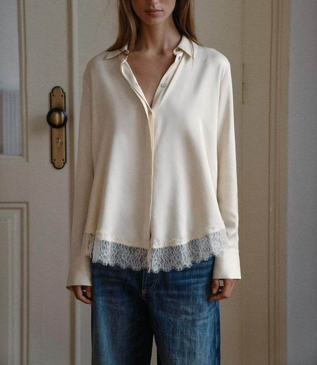 Women's Gentle Office Lace Collared Loose Chiffon Long Sleeve Shirt